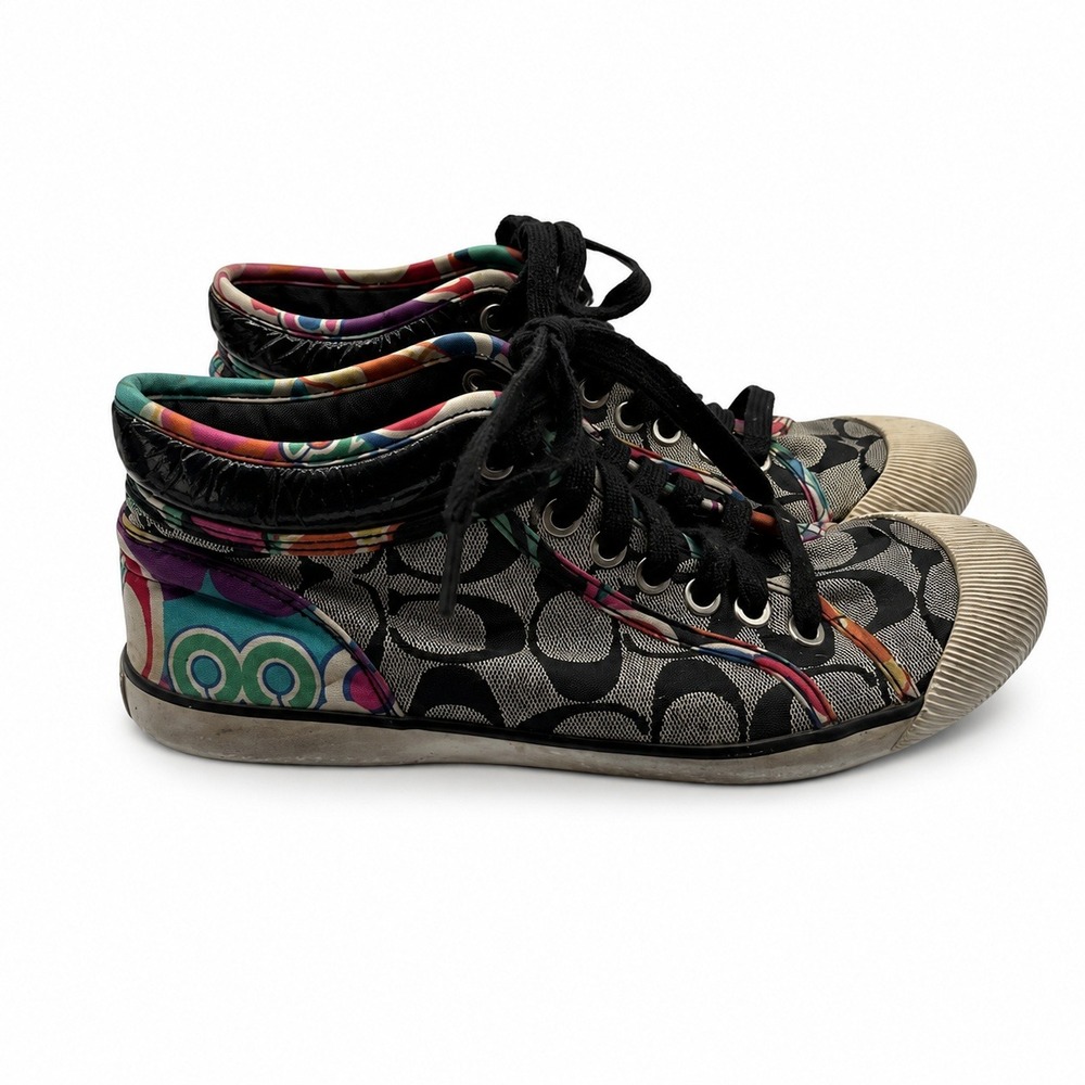 Coach Zoe Poppy Signature High Top Sneakers 7B Black Gray Multi Monogram Y2K